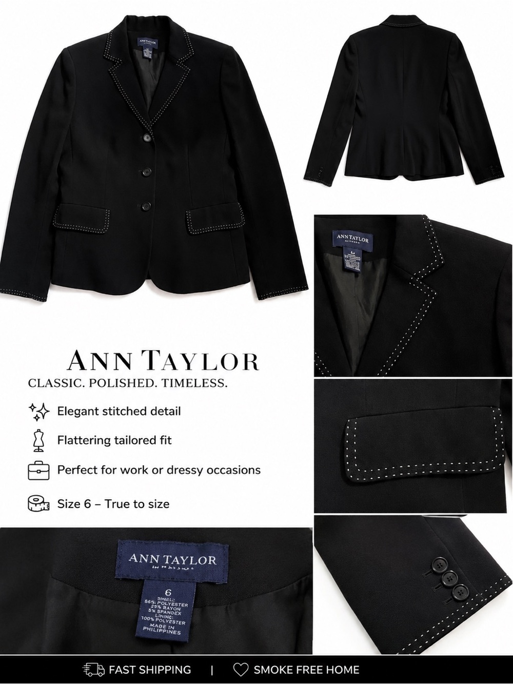 Ann Taylor Black Blazer with White Stitching Detail